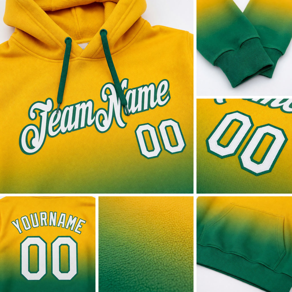 Custom Stitched Gold White-Kelly Green Fade Fashion Sports Pullover Sweatshirt Hoodie detail