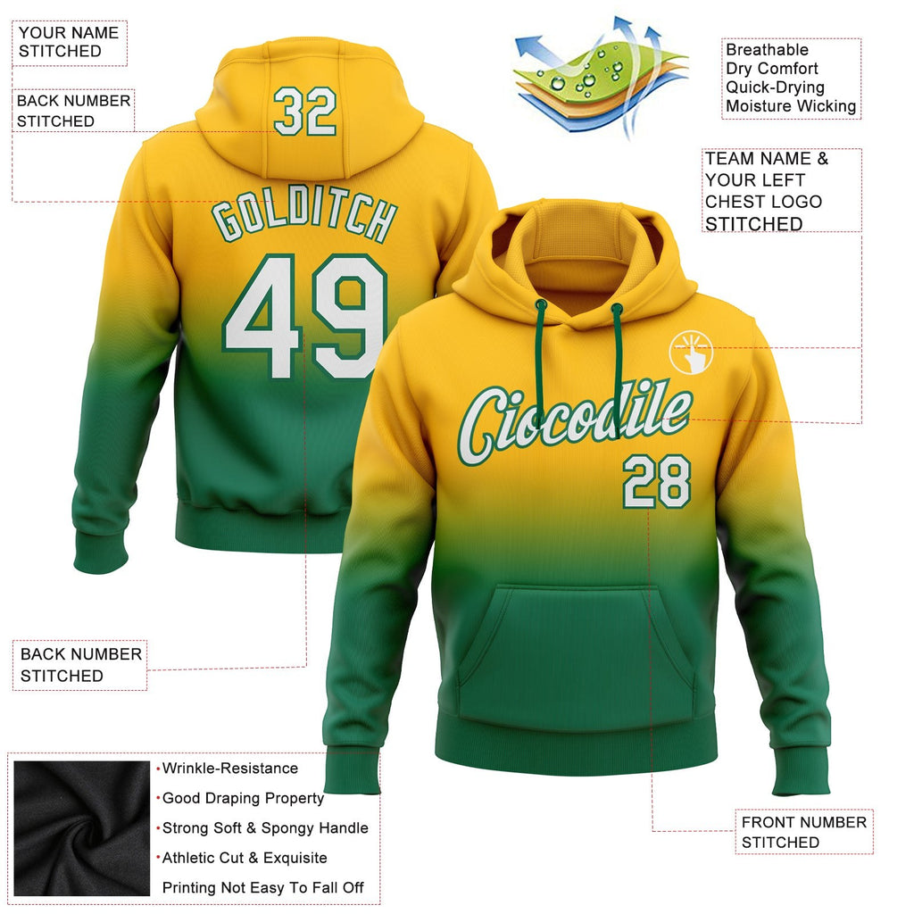 Custom Stitched Gold White-Kelly Green Fade Fashion Sports Pullover Sweatshirt Hoodie photo 2