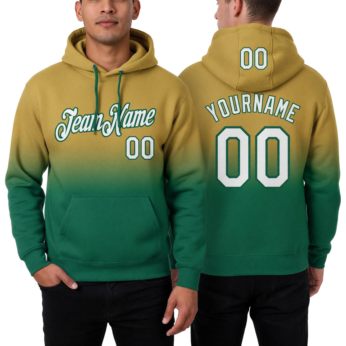 Custom Stitched Old Gold White-Kelly Green Fade Fashion Sports Pullover Sweatshirt Hoodie worn front and back