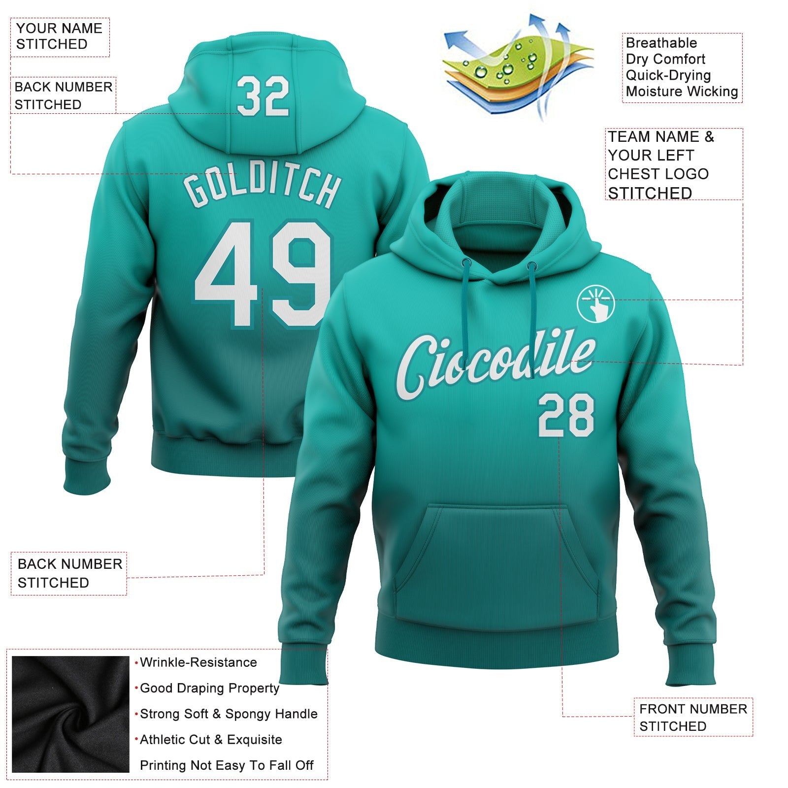 Custom Stitched Aqua White-Teal Fade Fashion Sports Pullover Sweatshirt Hoodie photo 2