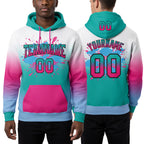 Custom Stitched White Aqua Hot Pink Light Blue-Black Fade Fashion Splash Sports Pullover Sweatshirt Hoodie worn front and back