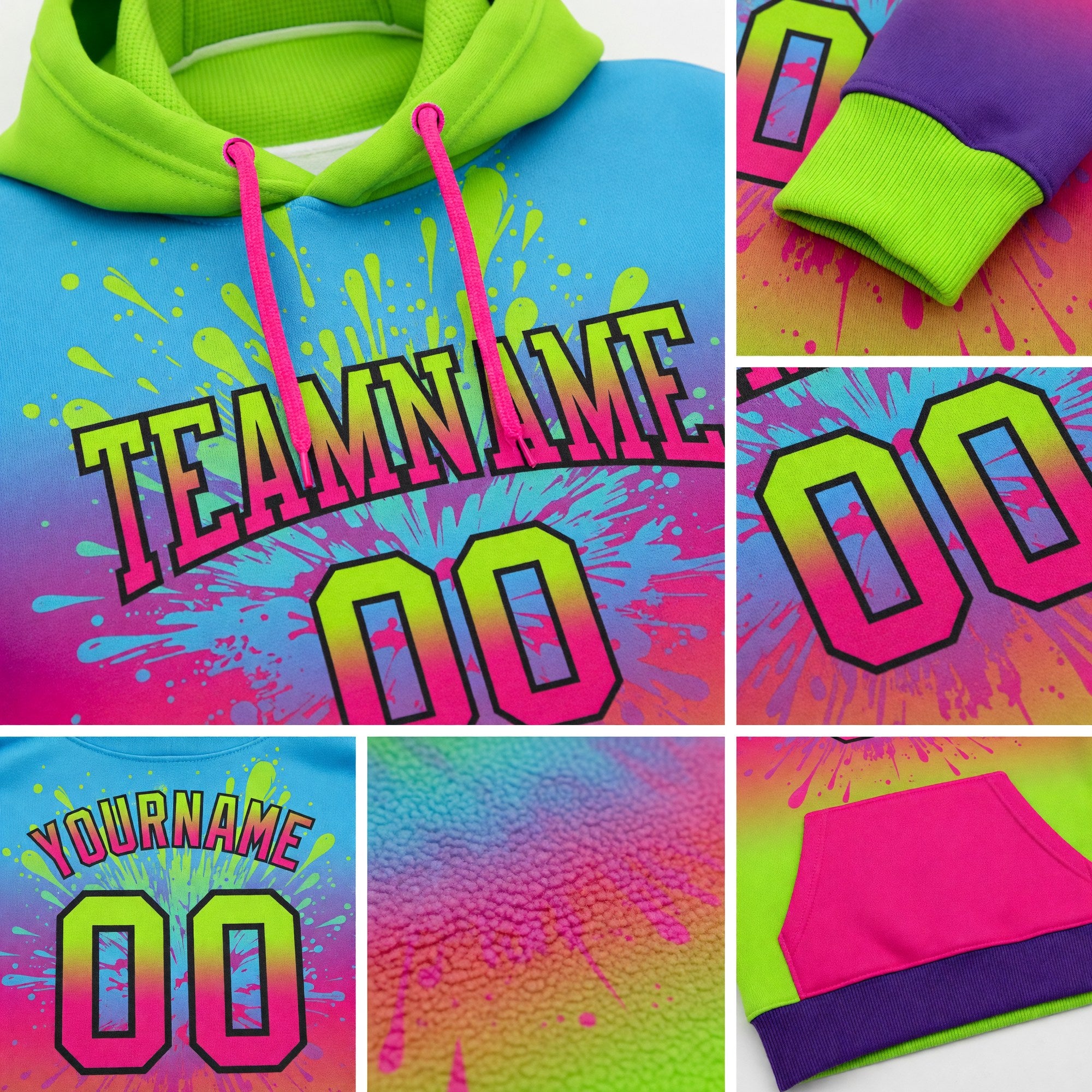 Custom Stitched Sky Blue Neon Green Hot Pink Purple-Black Fade Fashion Splash Sports Pullover Sweatshirt Hoodie detail
