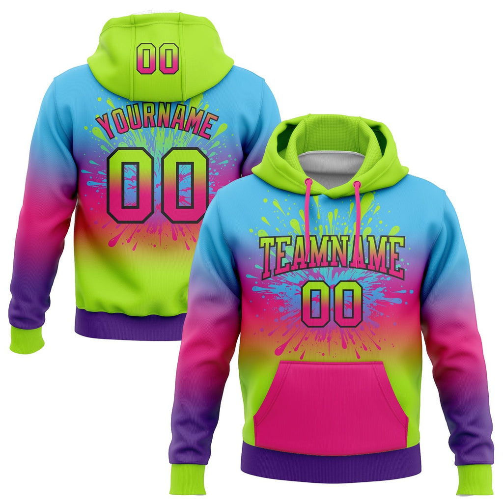 Custom Stitched Sky Blue Neon Green Hot Pink Purple-Black Fade Fashion Splash Sports Pullover Sweatshirt Hoodie photo 1