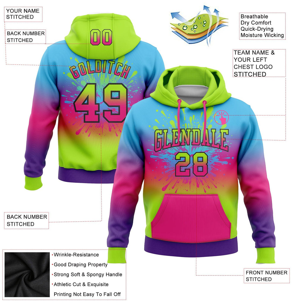 Custom Stitched Sky Blue Neon Green Hot Pink Purple-Black Fade Fashion Splash Sports Pullover Sweatshirt Hoodie photo 2