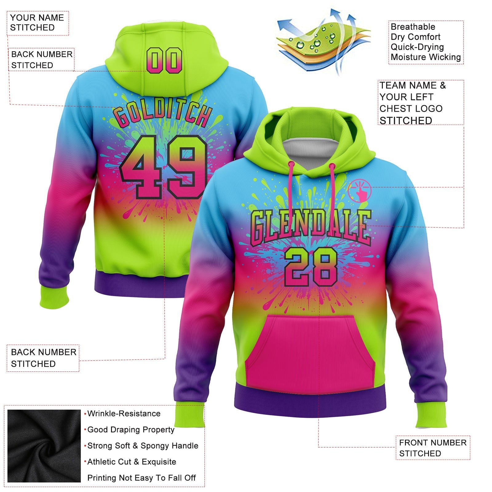 Custom Stitched Sky Blue Neon Green Hot Pink Purple-Black Fade Fashion Splash Sports Pullover Sweatshirt Hoodie photo 2