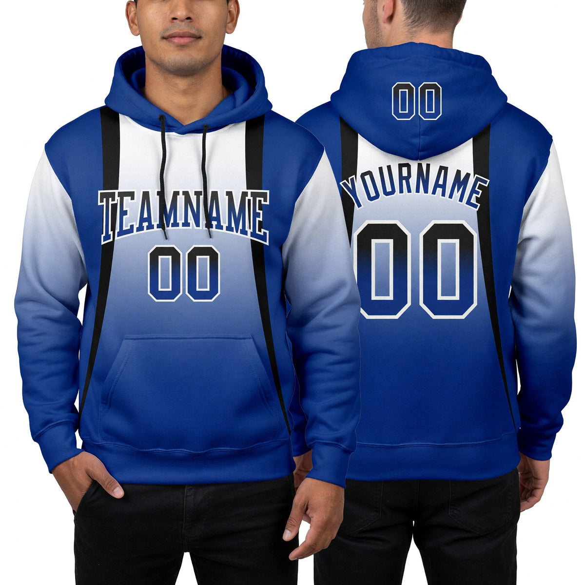 Custom Stitched White Black-Royal Fade Fashion Line Sports Pullover Sweatshirt Hoodie worn front and back