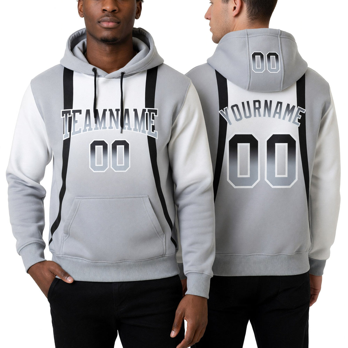 Custom Stitched White Black-Gray Fade Fashion Line Sports Pullover Sweatshirt Hoodie worn front and back