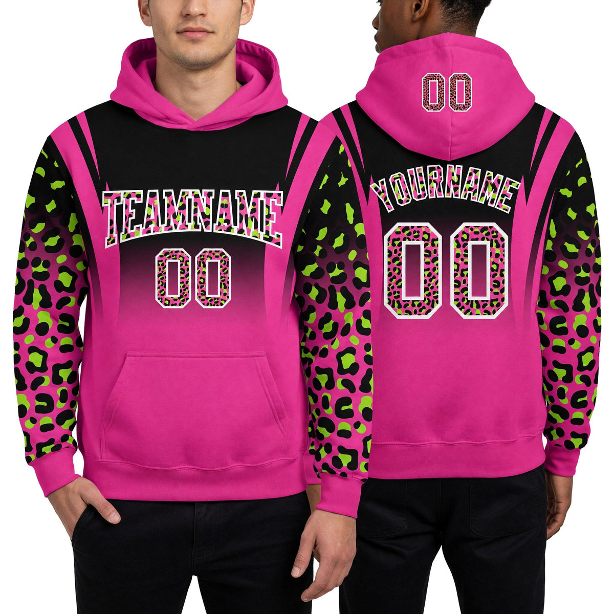 Custom Stitched Black Pink-Neon Green Fade Fashion Leopard Print Sports Pullover Sweatshirt Hoodie worn front and back