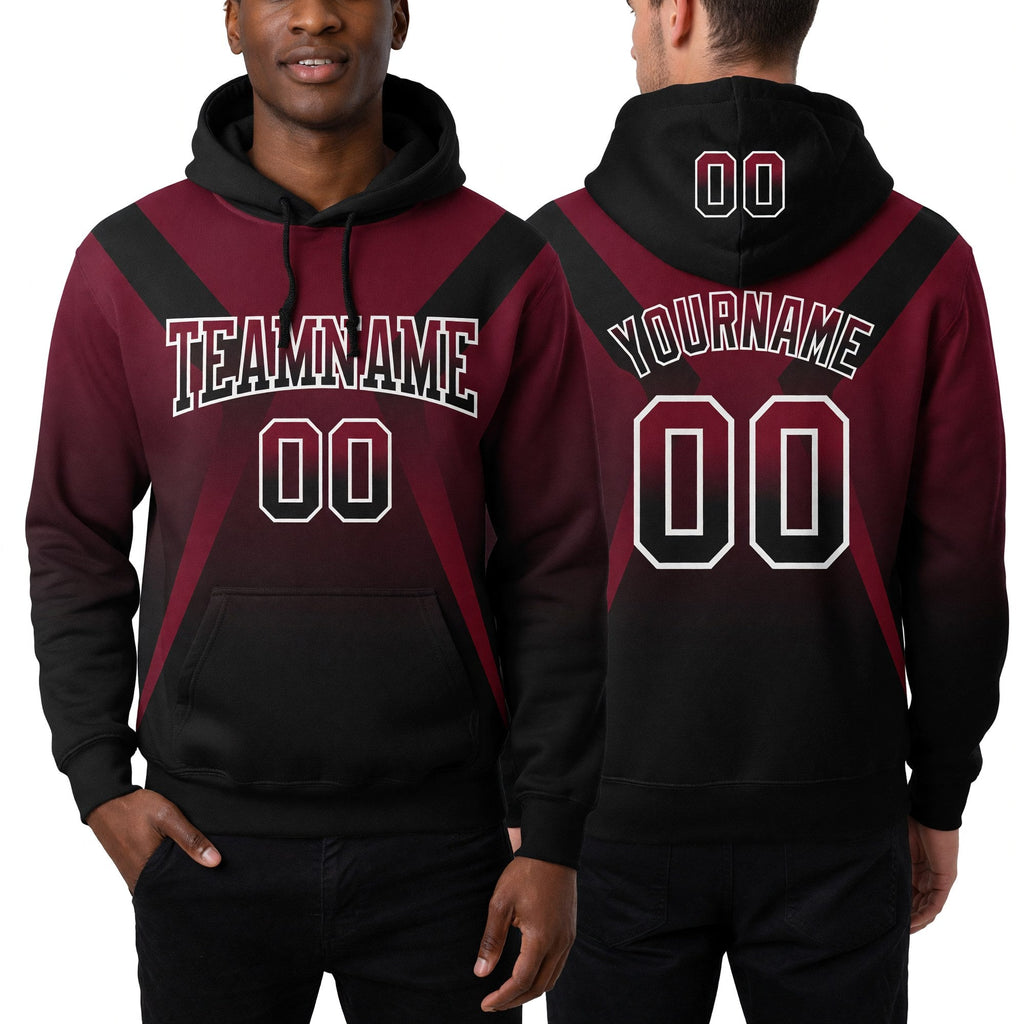 Custom Stitched Crimson Black-White Fade Fashion Arrow Sports Pullover Sweatshirt Hoodie worn front and back