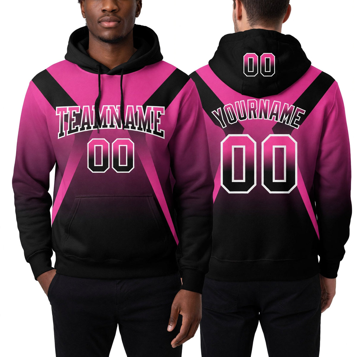 Custom Stitched Pink Black-White Fade Fashion Arrow Sports Pullover Sweatshirt Hoodie worn front and back