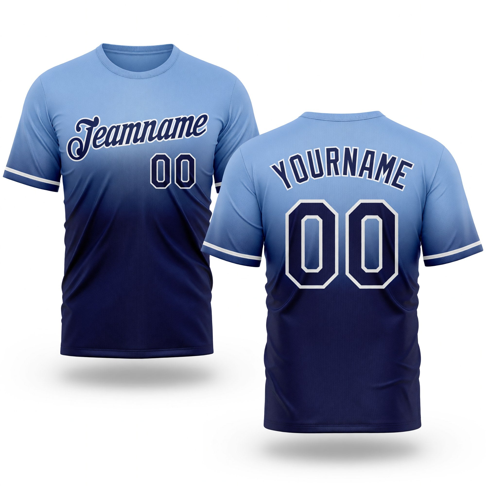 Custom Light Blue Navy-White Fade Fashion Performance T-Shirt