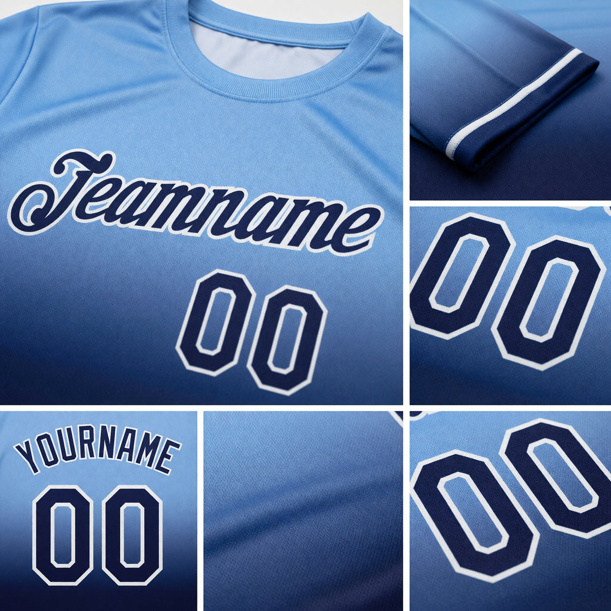 Custom Light Blue Navy-White Fade Fashion Performance T-Shirt detail