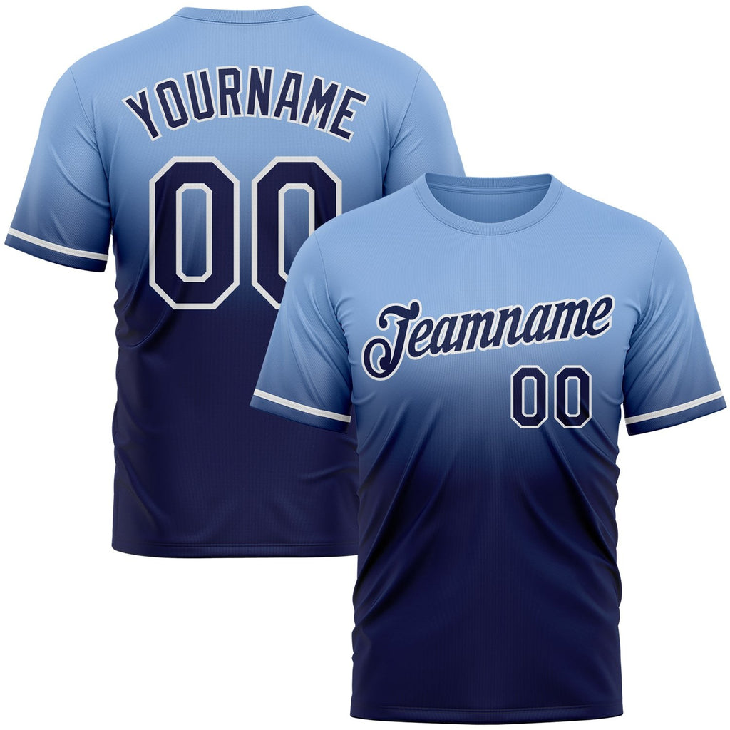 Custom Light Blue Navy-White Fade Fashion Performance T-Shirt photo 1