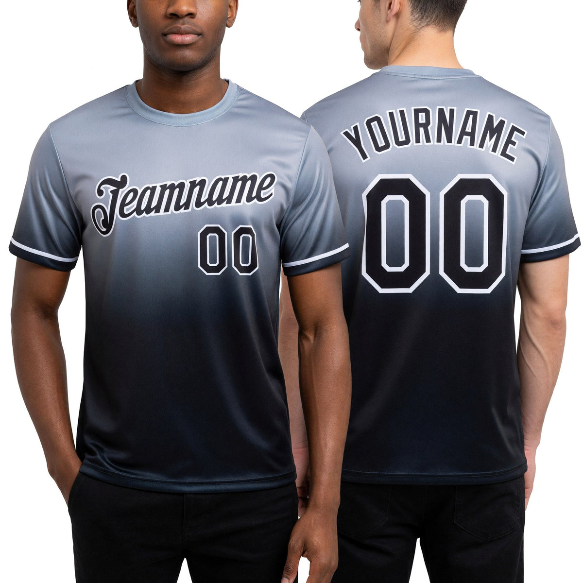 Custom Gray Black-White Fade Fashion Performance T-Shirt worn front and back