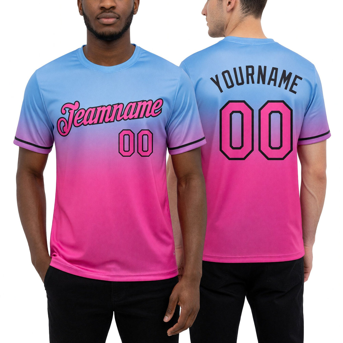 Custom Light Blue Pink-Black Fade Fashion Performance T-Shirt worn front and back
