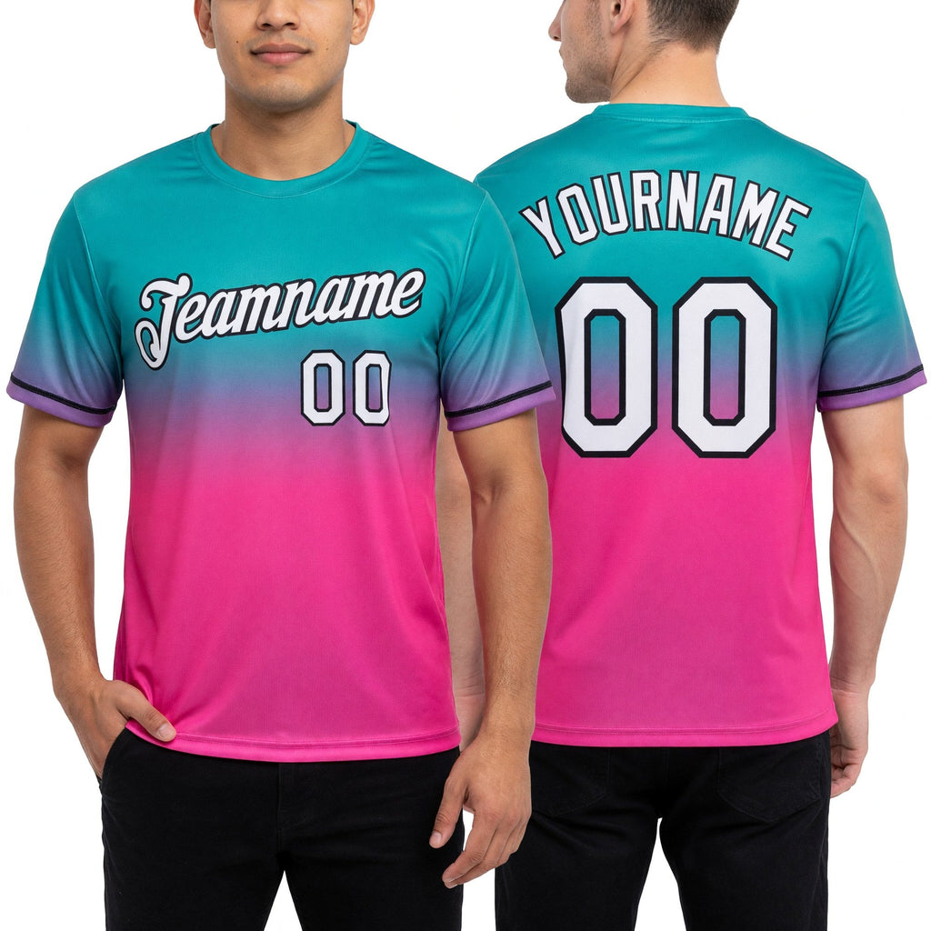 Custom Aqua Pink-Black Fade Fashion Performance T-Shirt worn front and back