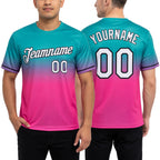 Custom Aqua Pink-Black Fade Fashion Performance T-Shirt worn front and back