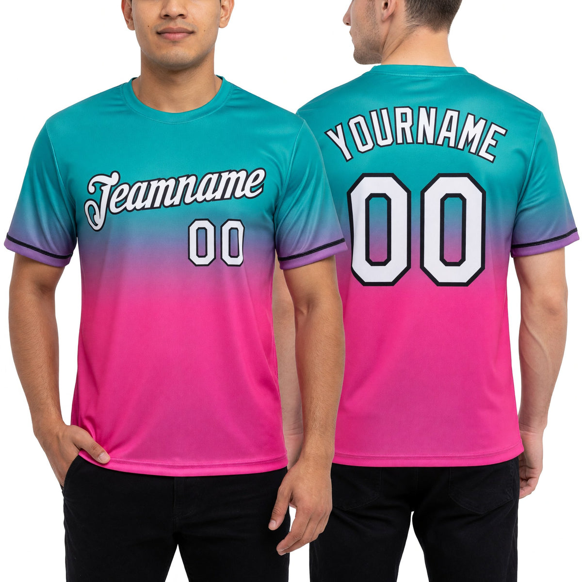 Custom Aqua Pink-Black Fade Fashion Performance T-Shirt worn front and back