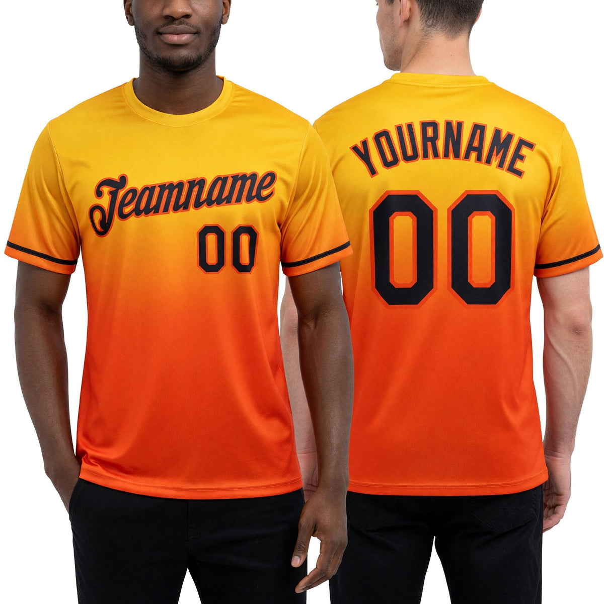 Custom Yellow Black-Orange Fade Fashion Performance T-Shirt worn front and back