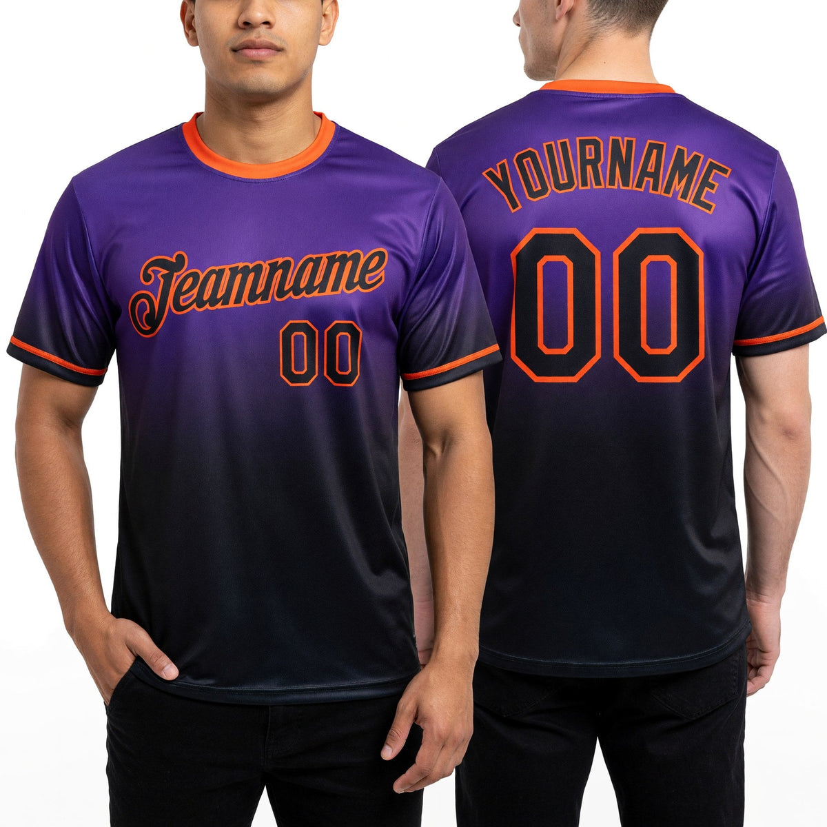 Custom Purple Black-Orange Fade Fashion Performance T-Shirt worn front and back