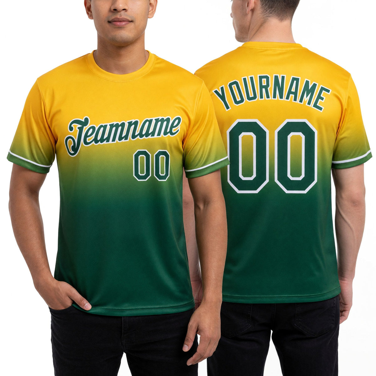 Custom Yellow Green-White Fade Fashion Performance T-Shirt worn front and back