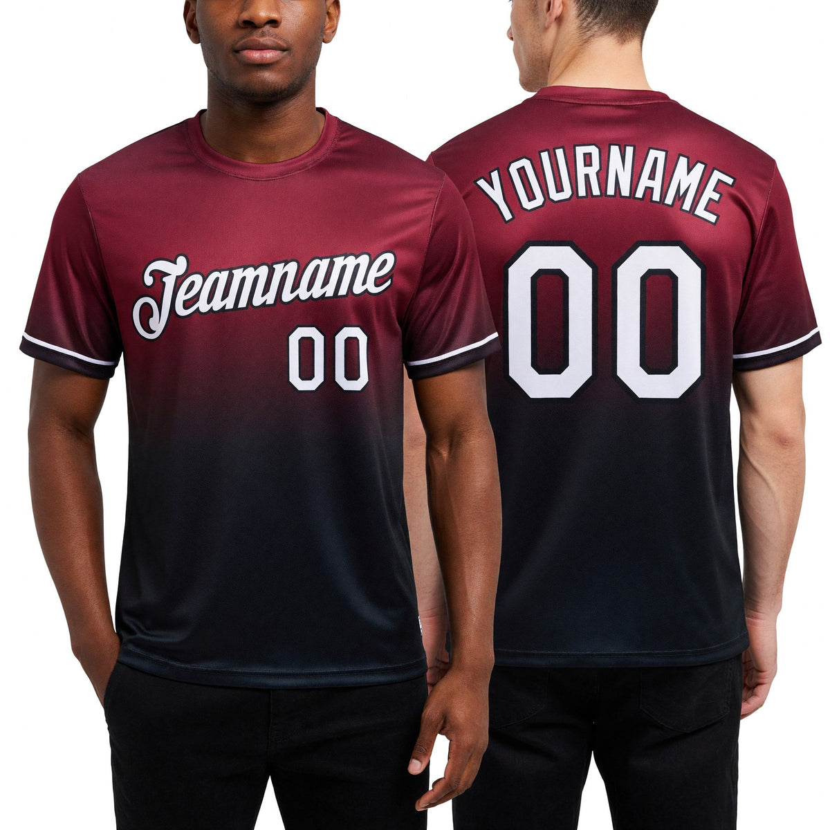 Custom Crimson White-Black Fade Fashion Performance T-Shirt worn front and back