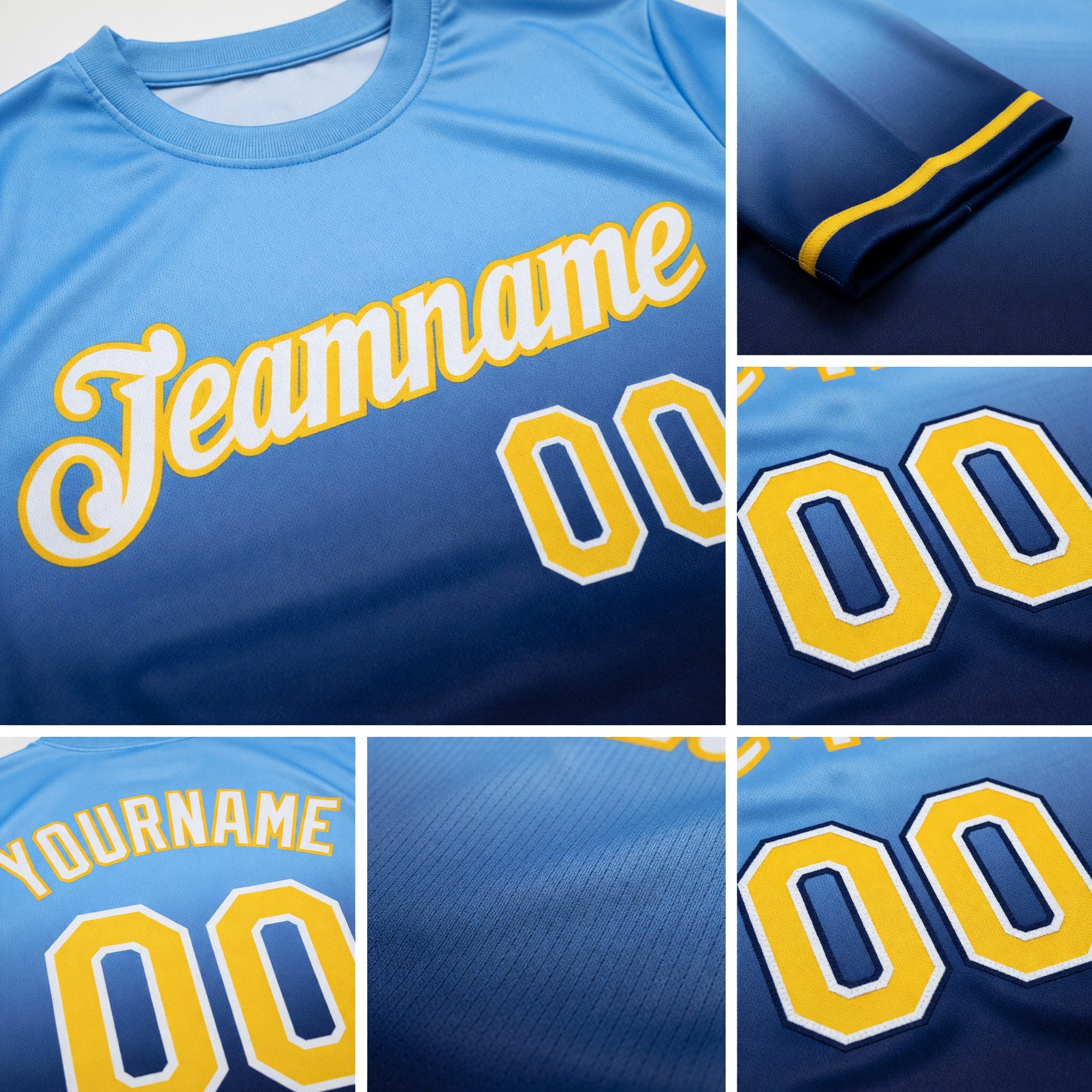 Custom Light Blue Yellow-Navy Fade Fashion Performance T-Shirt detail