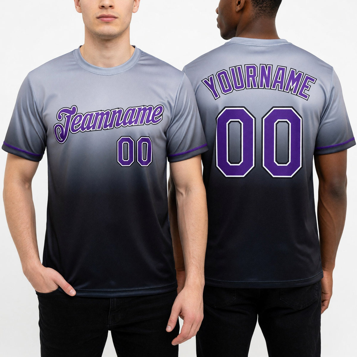 Custom Gray Purple-Black Fade Fashion Performance T-Shirt worn front and back