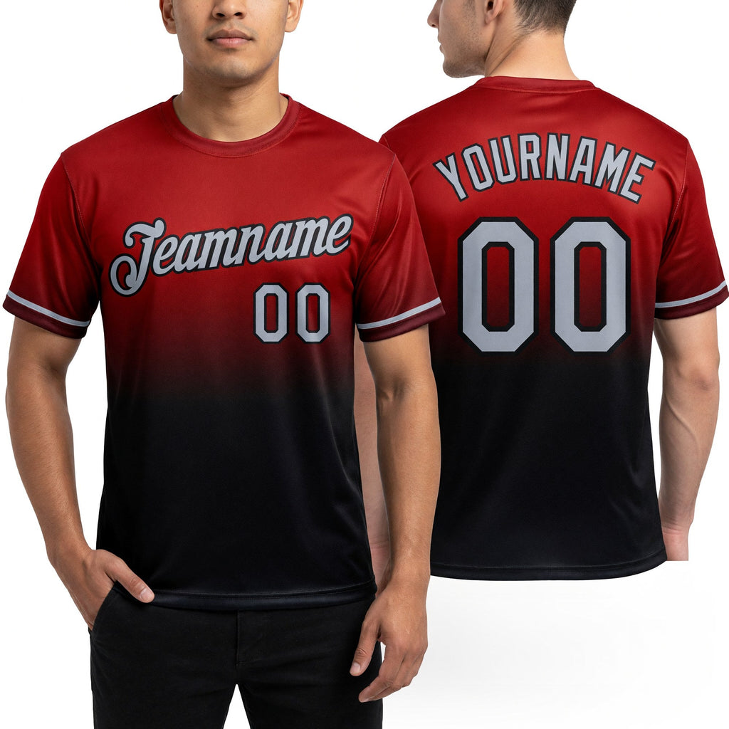 Custom Red Gray-Black Fade Fashion Performance T-Shirt worn front and back