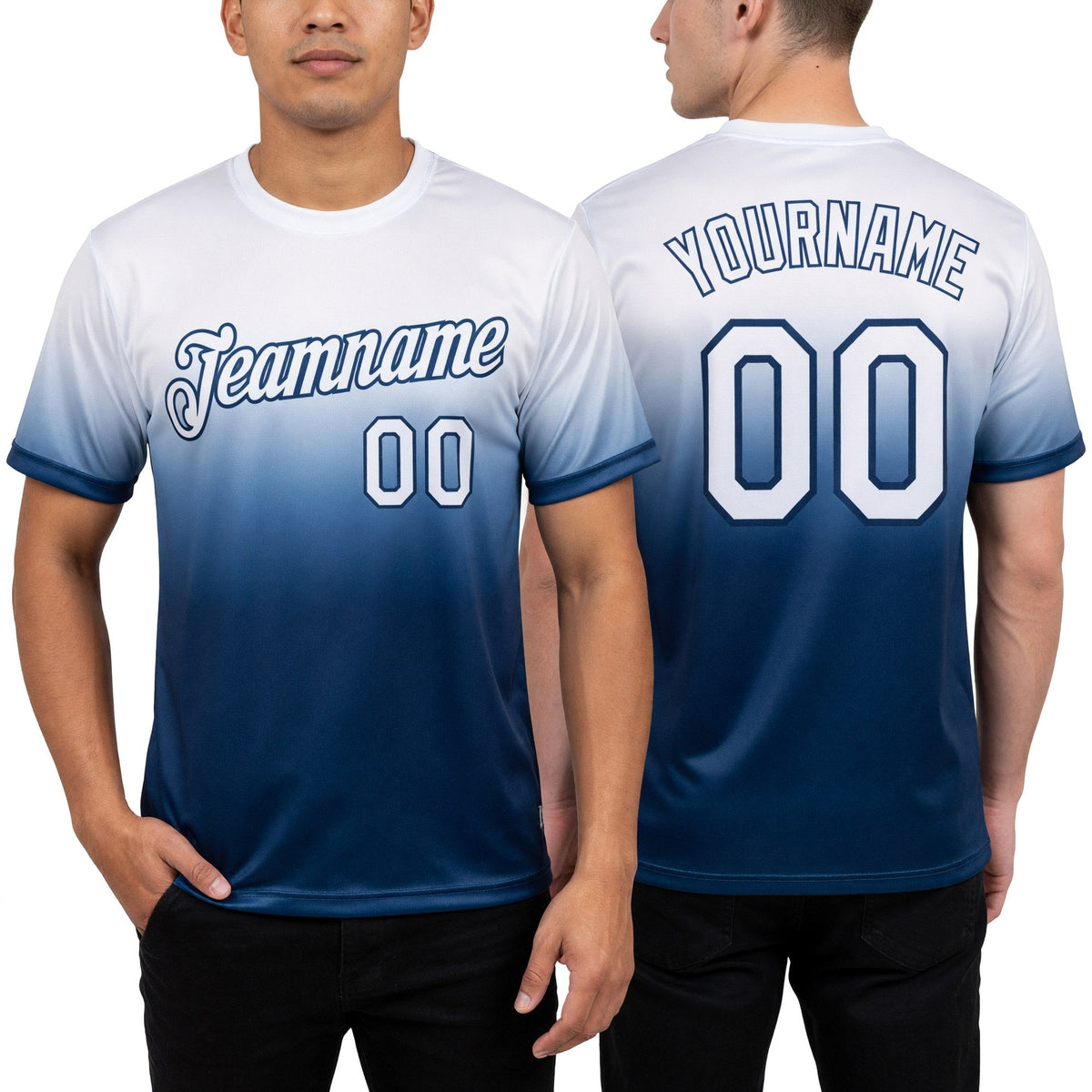 Custom White Navy Fade Fashion Performance T-Shirt worn front and back