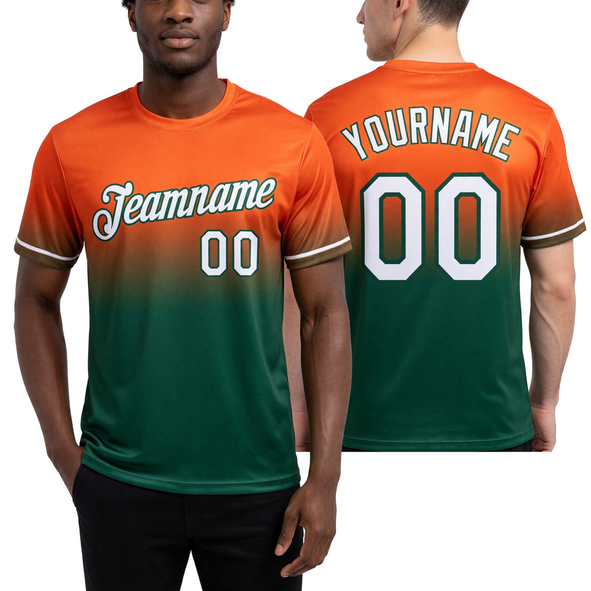 Custom Orange White-Green Fade Fashion Performance T-Shirt worn front and back