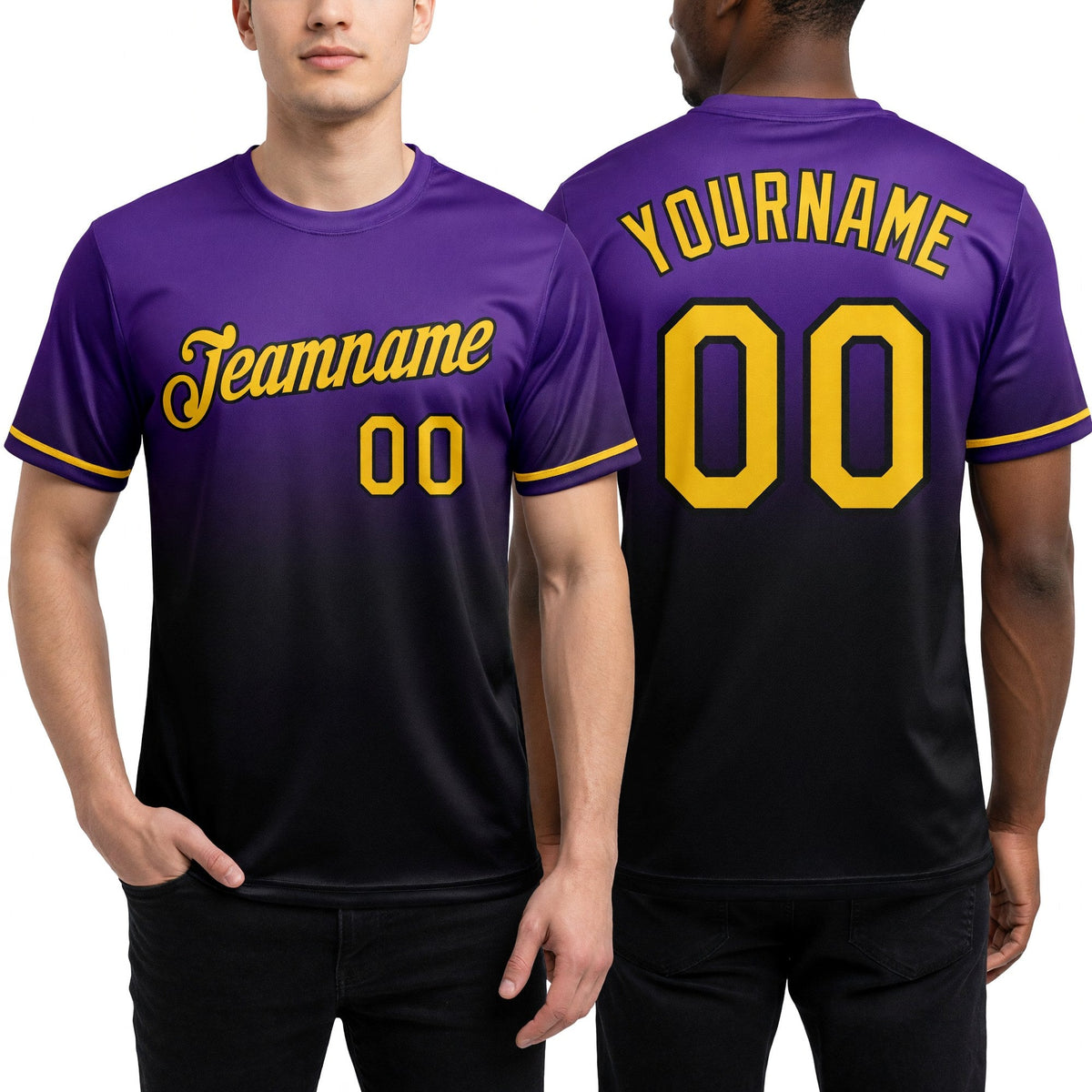 Custom Purple Yellow-Black Fade Fashion Performance T-Shirt worn front and back