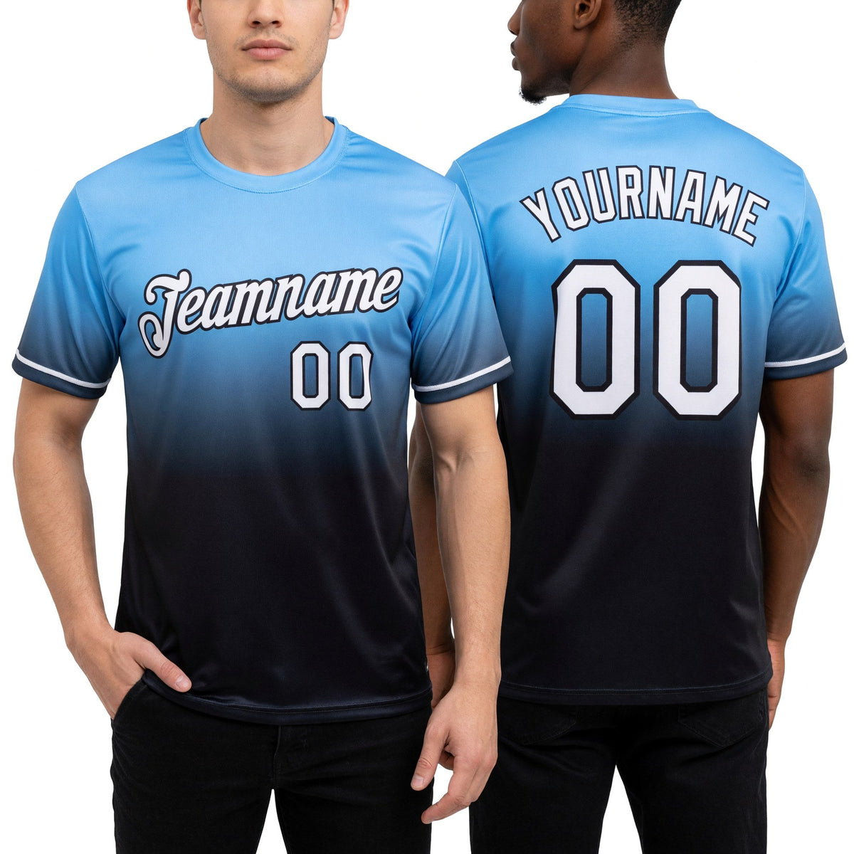 Custom Light Blue White-Black Fade Fashion Performance T-Shirt worn front and back