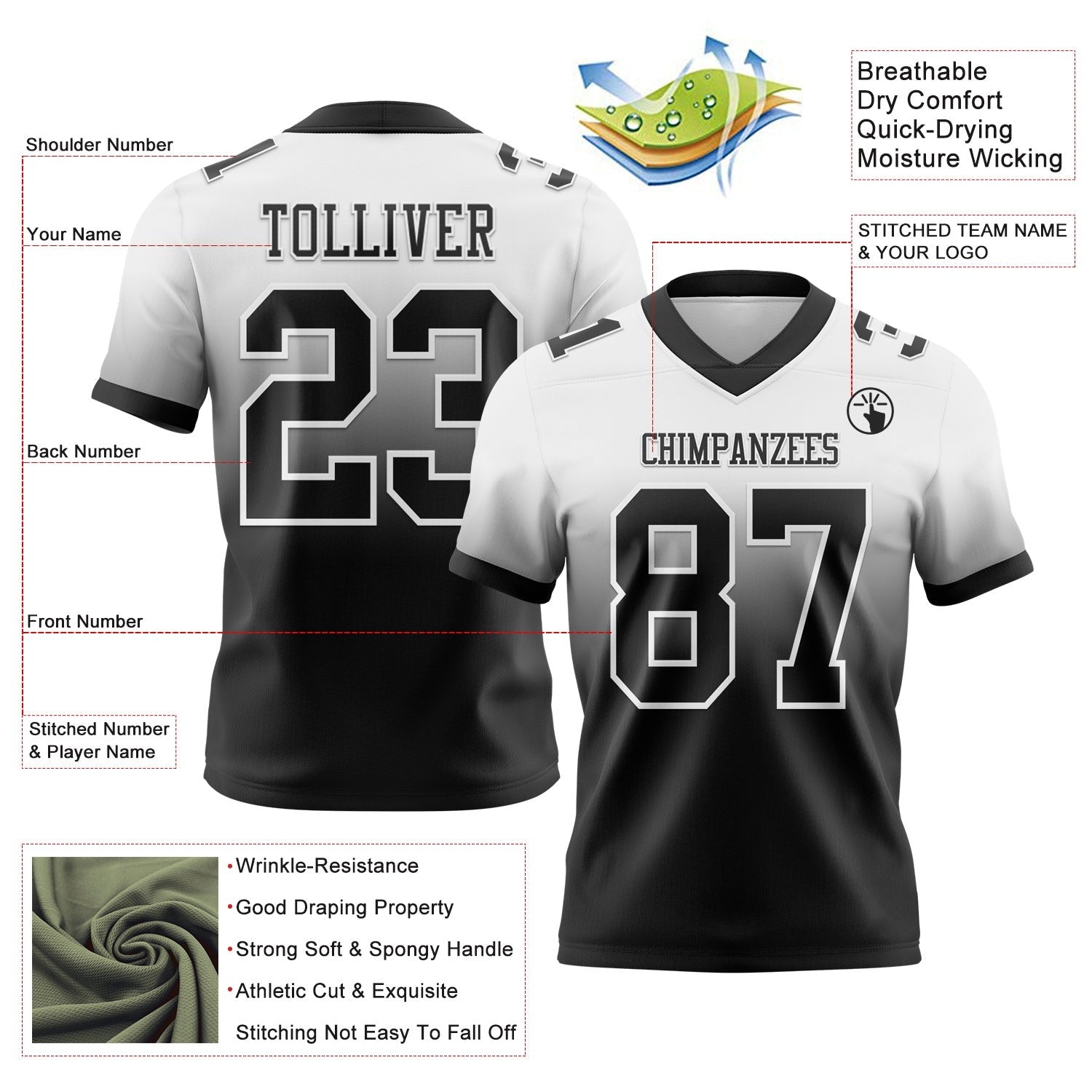 Custom White Black Authentic Fade Fashion Football Jersey photo 2