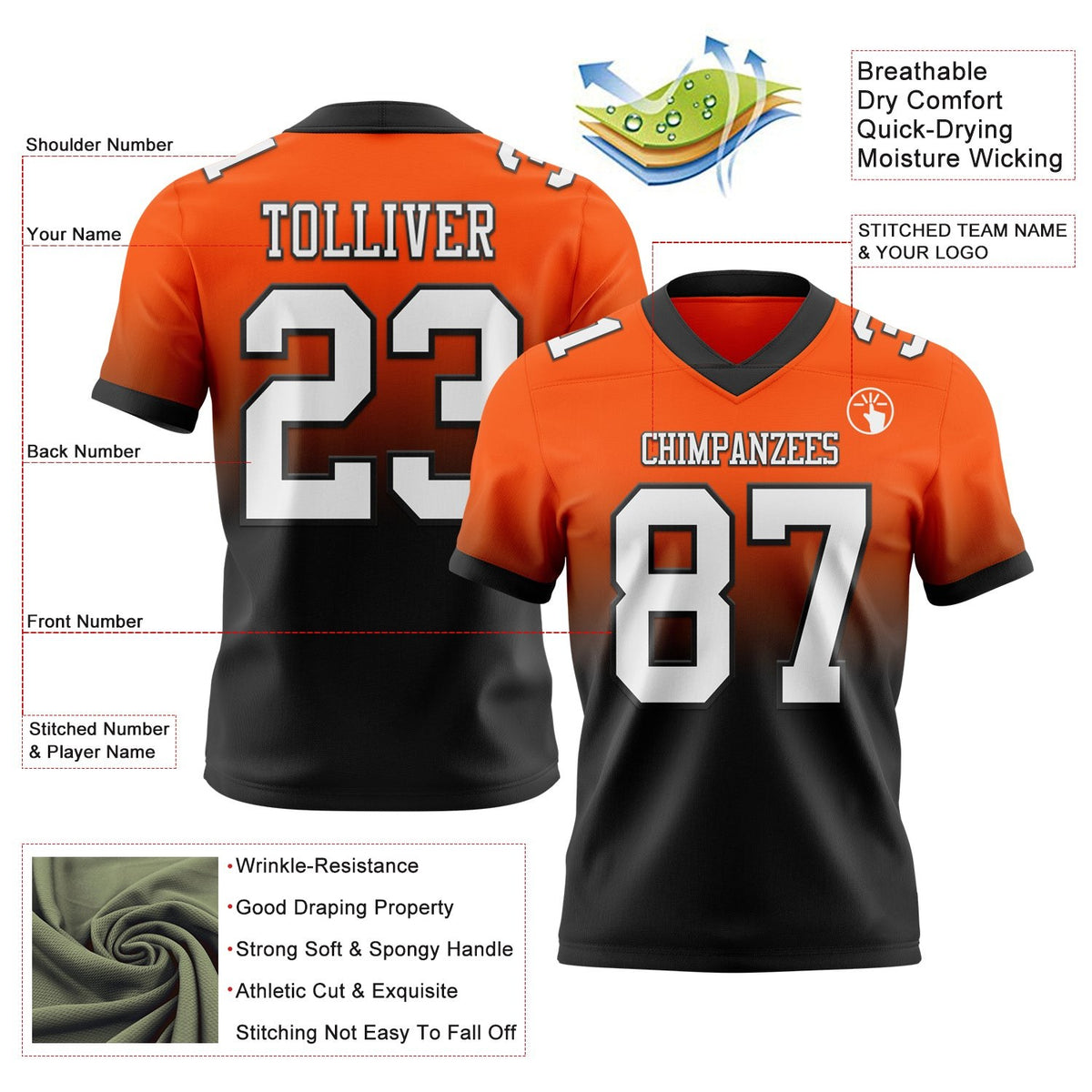 Custom Orange White-Black Authentic Fade Fashion Football Jersey photo 2