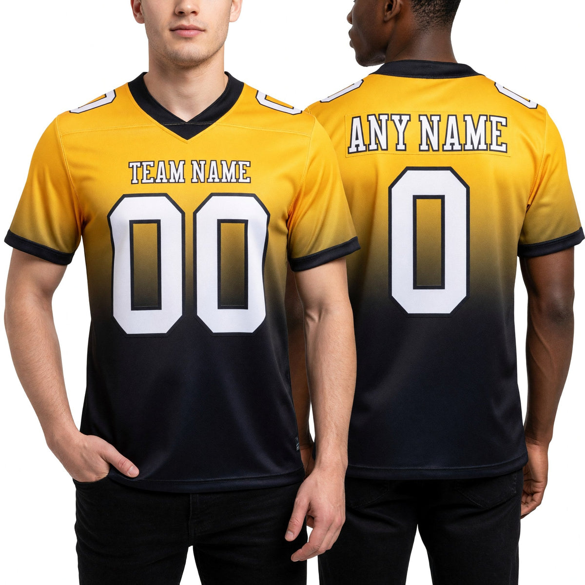 Custom Gold White-Black Authentic Fade Fashion Football Jersey worn front and back