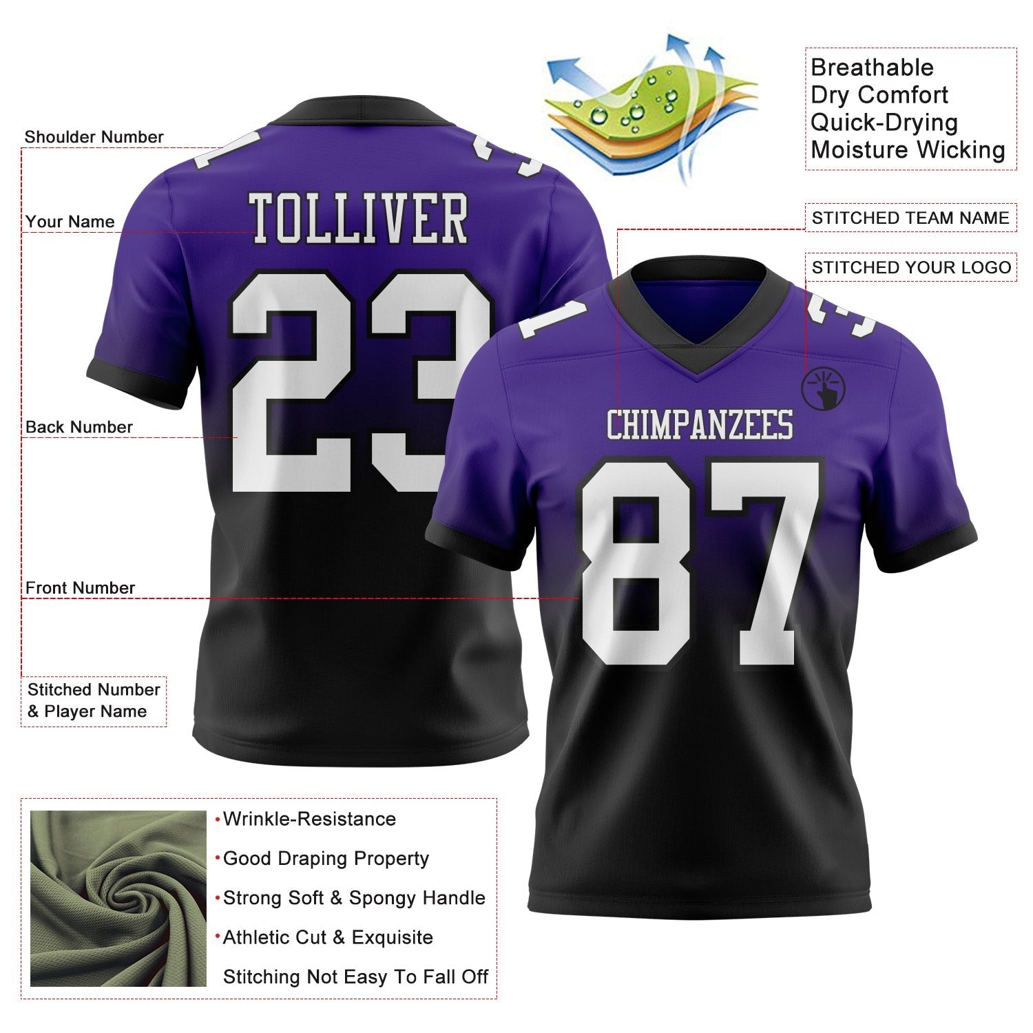 Custom Purple White-Black Authentic Fade Fashion Football Jersey photo 2