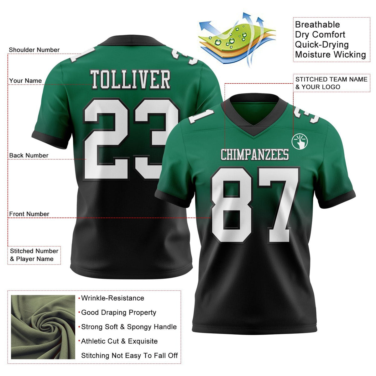 Custom Kelly Green White-Black Authentic Fade Fashion Football Jersey photo 2