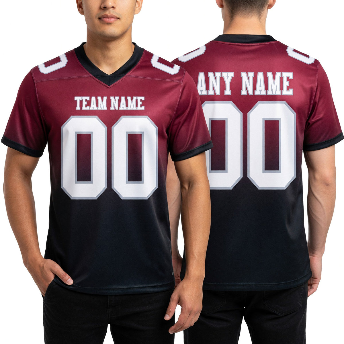 Custom Maroon White Black-Gray Authentic Fade Fashion Football Jersey worn front and back