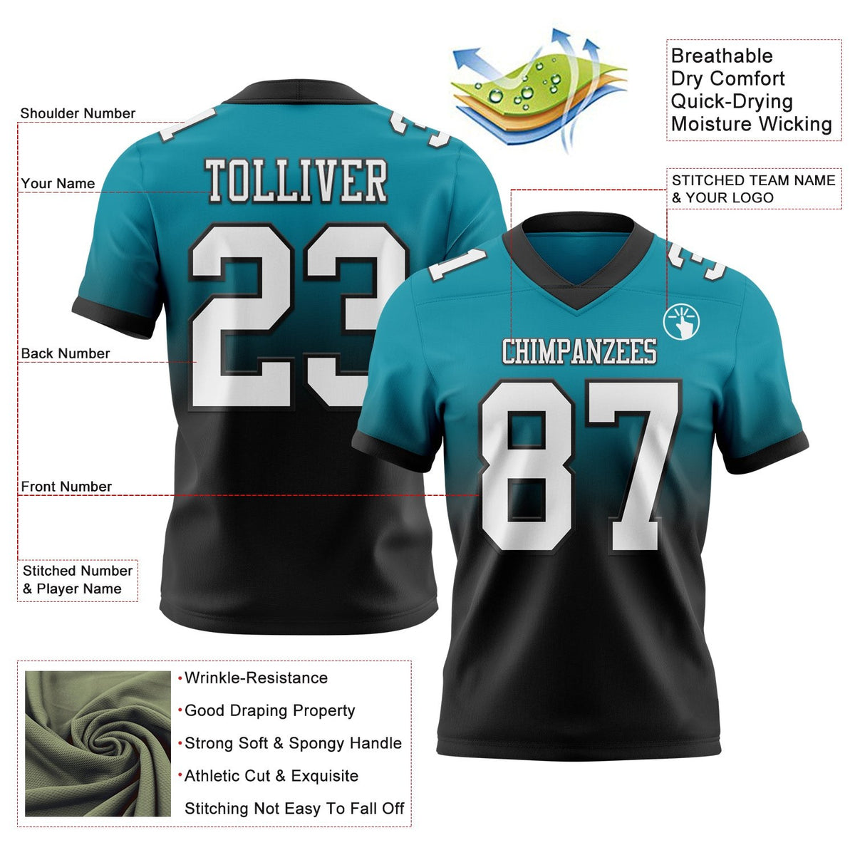Custom Teal White-Black Authentic Fade Fashion Football Jersey photo 2