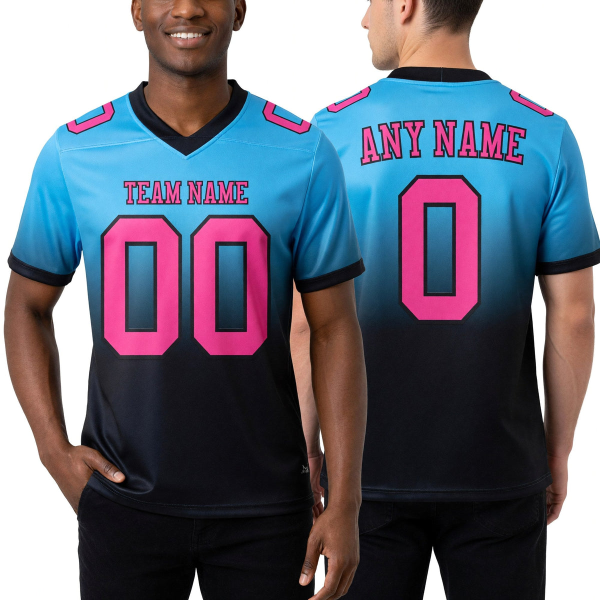 Custom Sky Blue Pink-Black Authentic Fade Fashion Football Jersey worn front and back