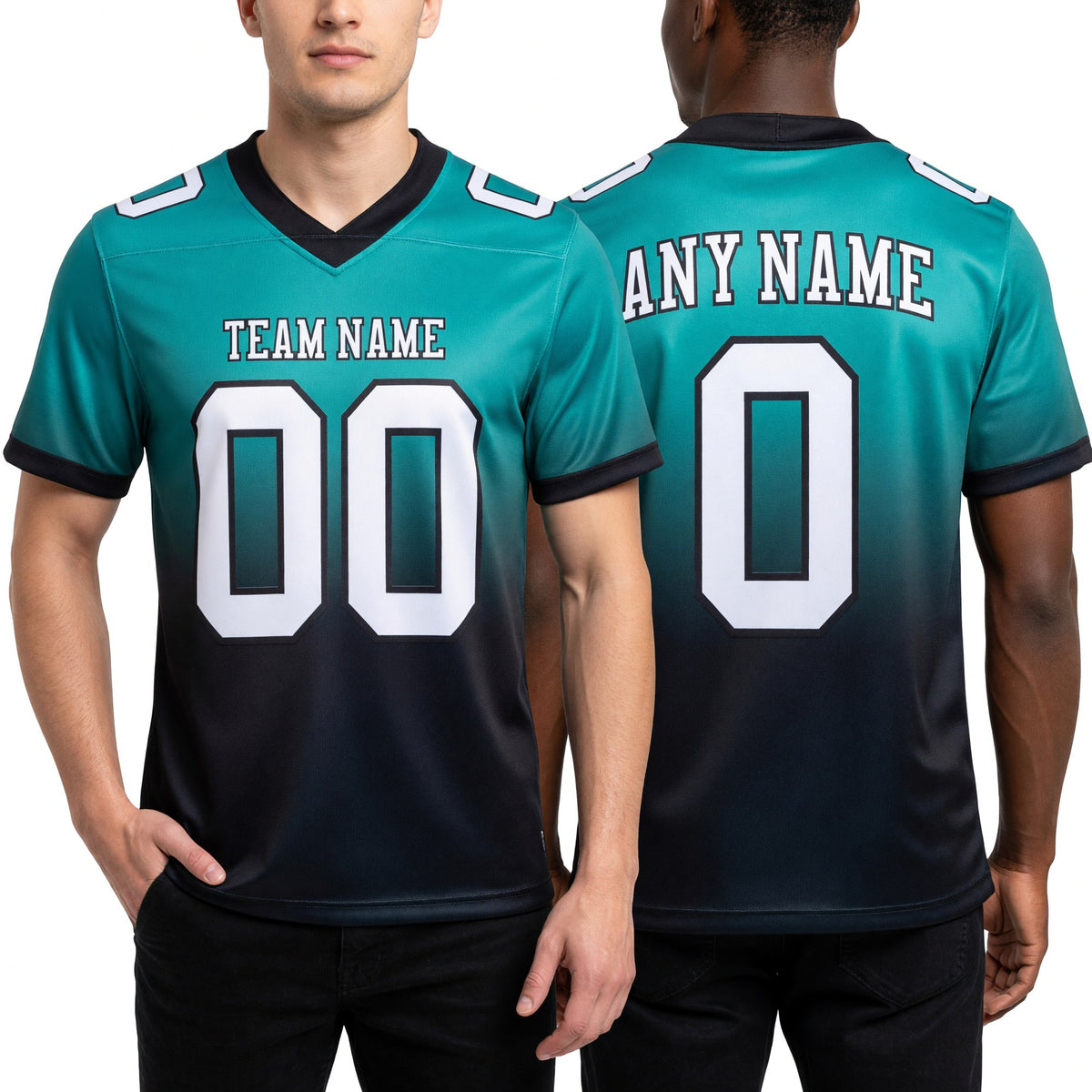 Custom Aqua White-Black Authentic Fade Fashion Football Jersey worn front and back