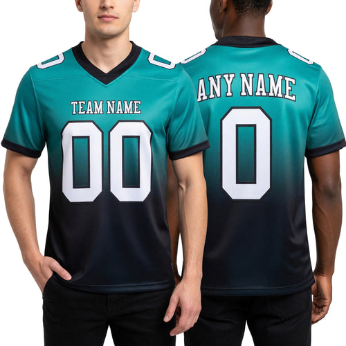 Custom Aqua White-Black Authentic Fade Fashion Football Jersey worn front and back
