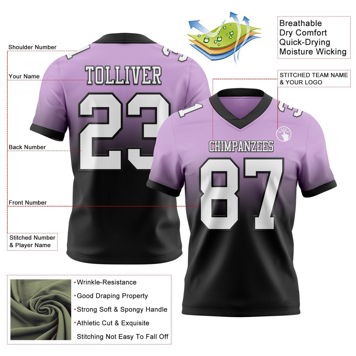Custom Light Purple White-Black Authentic Fade Fashion Football Jersey photo 2