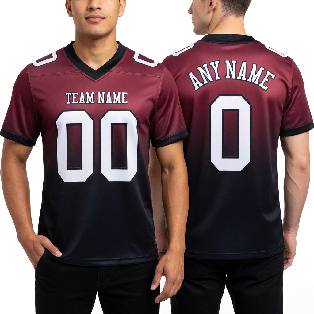 Custom Burgundy White-Black Authentic Fade Fashion Football Jersey worn front and back