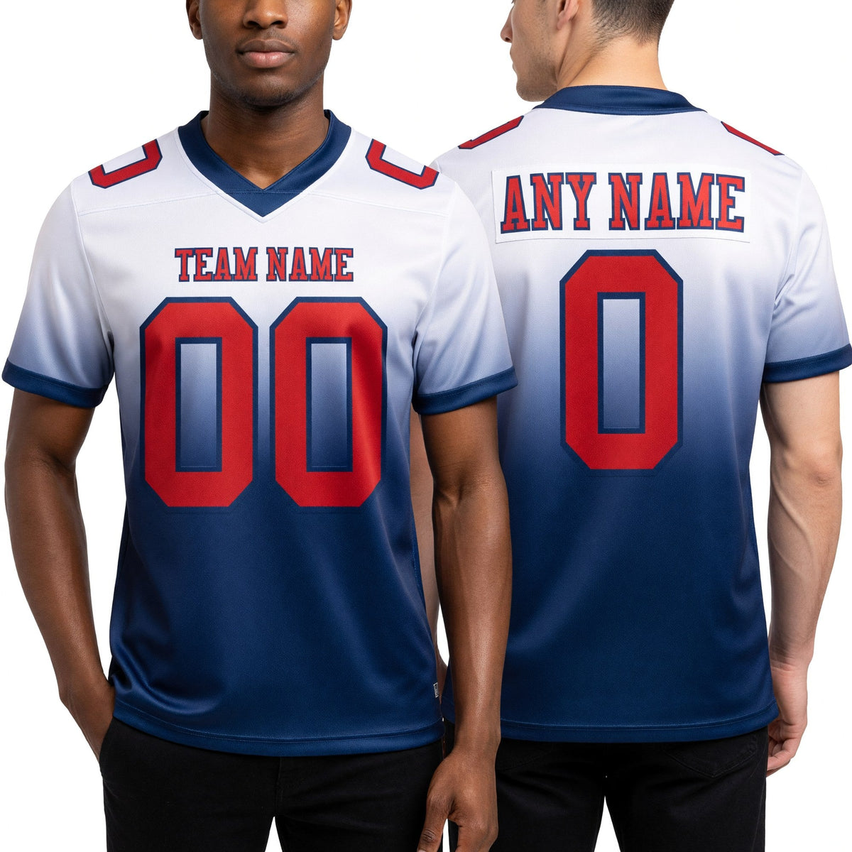 Custom White Red-Navy Authentic Fade Fashion Football Jersey worn front and back