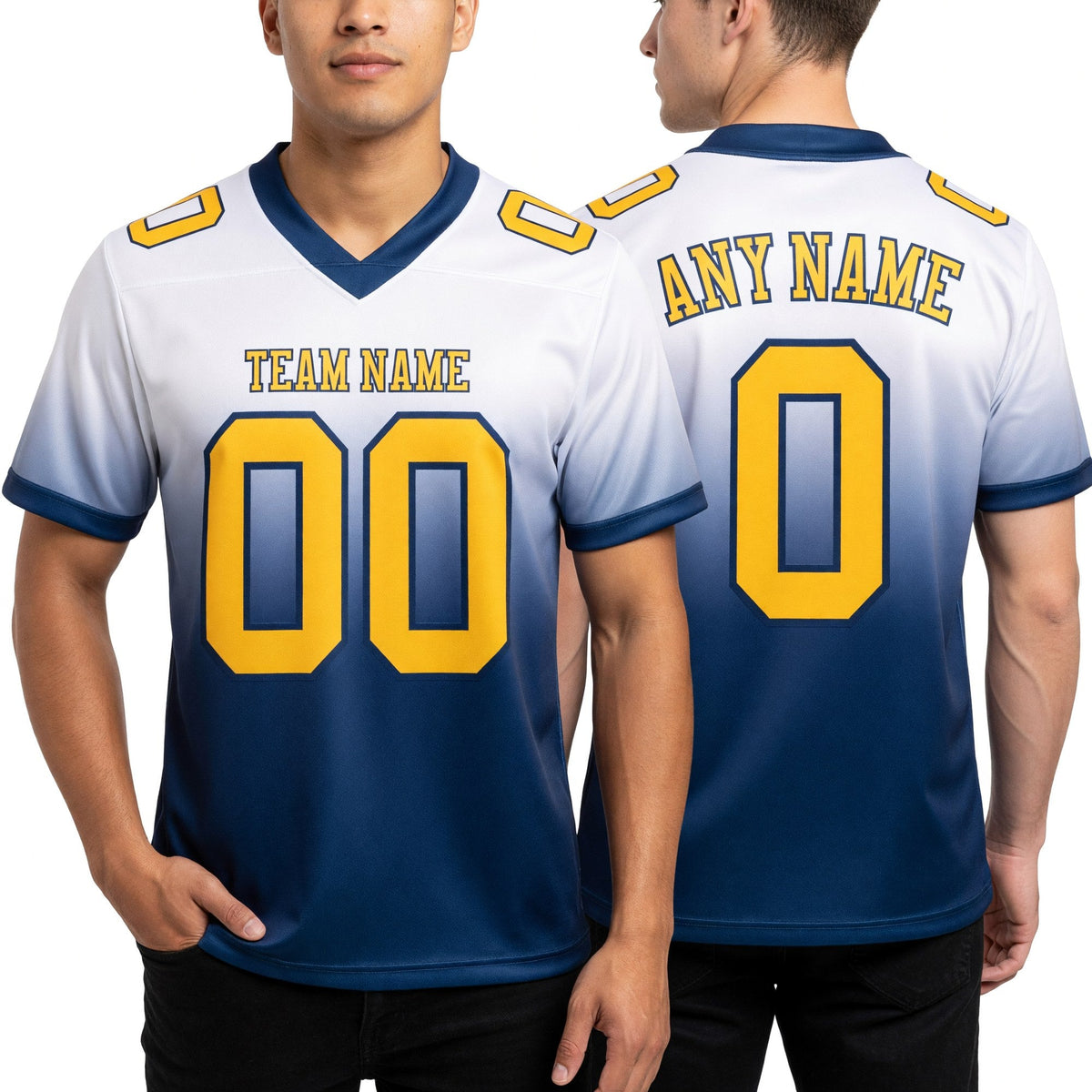 Custom White Gold-Navy Authentic Fade Fashion Football Jersey worn front and back