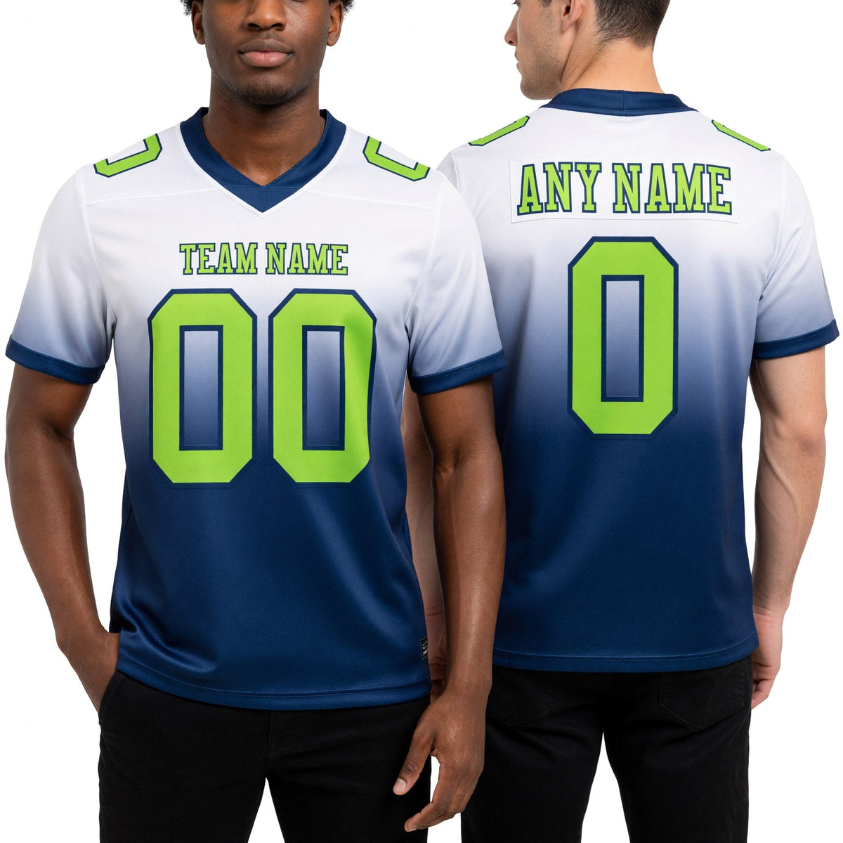Custom White Neon Green-Navy Authentic Fade Fashion Football Jersey worn front and back