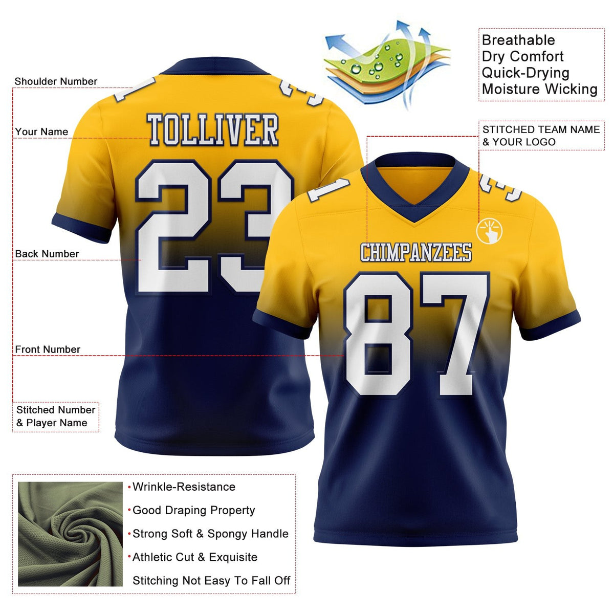 Custom Gold White-Navy Authentic Fade Fashion Football Jersey photo 2