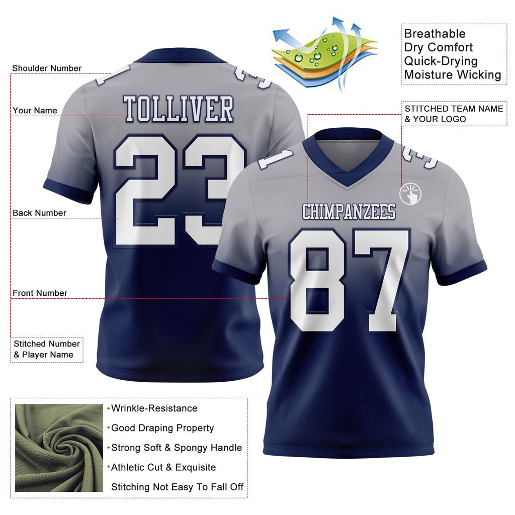 Custom Gray White-Navy Authentic Fade Fashion Football Jersey photo 2